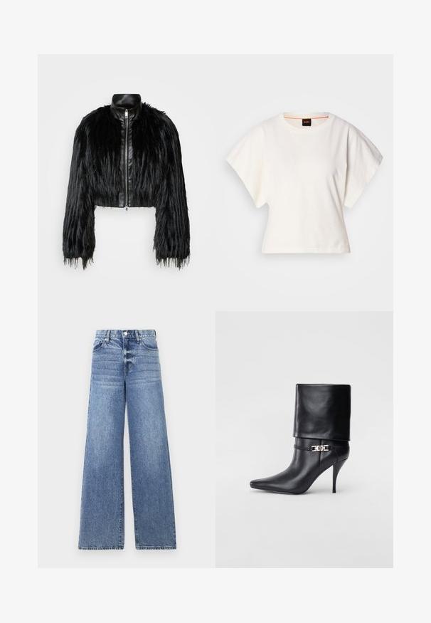 Crna skraćena jakna koja kombinira dugačke rukave od umjetnog krzna s crnim kožnim ovratnikom i prednjim zatvaračem, s teksturiranim, šaggy završetkom.; Bijeli skraćeni T-shirt, široke kratke rukave, mekani pamučni materijal, okrugli izrez s suptilnim narančastim detaljem, minimalistički dizajn, bez uzoraka ili grafika.; Svijetloplave, široke traperice od denima, sa kopčanjem na gumbe, pet džepova i suptilnim izbljeđivanjem sprijeda.; Crna kožna gležnjača s šiljastim prstom, visokim stiletto potplatom, preklopnim rubom i zlatnom dekorativnom kopčom na gležnju.