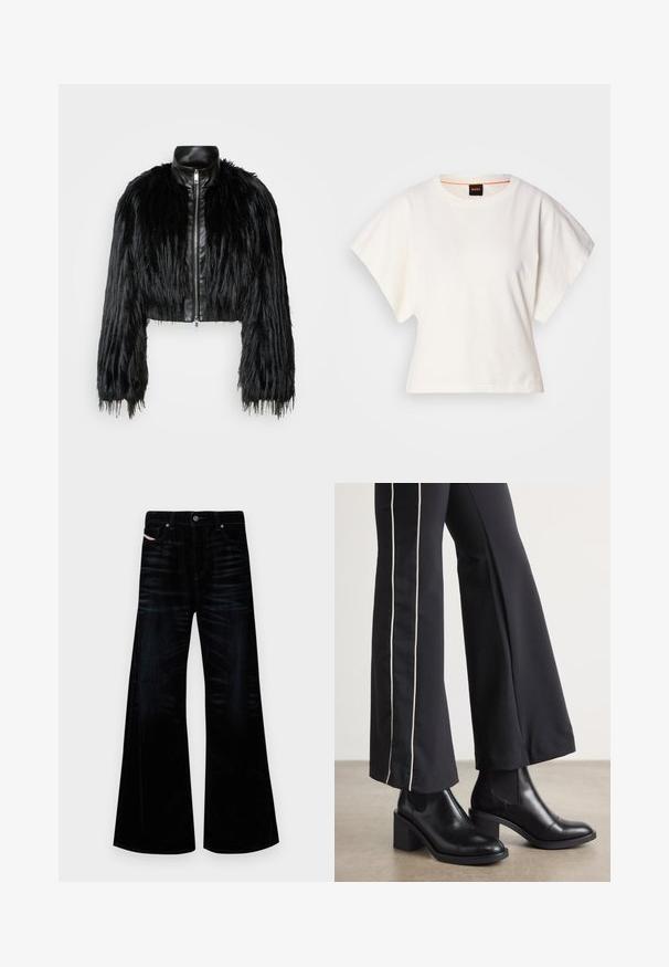 Black cropped jacket combining long faux fur sleeves with a black leather collar and front zipper, featuring a textured, shaggy finish.; White cropped T-shirt, short wide sleeves, soft cotton material, round neckline with subtle orange trim, minimal design, no patterns or graphics.; Black flared jeans in dark denim, featuring a classic five-pocket design, metal hardware, and subtle texture variations.; Black leather ankle boots with a block heel, featuring elastic side panels. Paired with black pants that have a white side stripe.