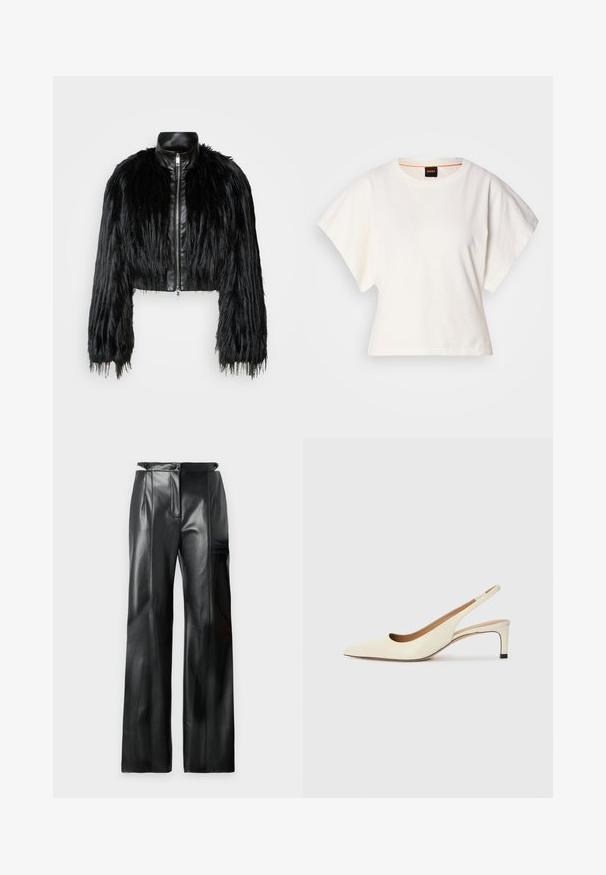Black cropped jacket combining long faux fur sleeves with a black leather collar and front zipper, featuring a textured, shaggy finish.; White cropped T-shirt, short wide sleeves, soft cotton material, round neckline with subtle orange trim, minimal design, no patterns or graphics.; Black leather trousers with a high waist, wide legs, vertical seams, and a smooth texture. Features a zipper fly and belt loops.; Pointed-toe slingback shoe in off-white leather, featuring a low heel and cut-out design with a smooth texture and minimal accents.