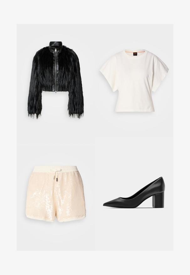 Czarna krótka kurtka z długimi futrzanymi rękawami z sztucznego futra, z czarnym skórzanym kołnierzem i frontowym zamkiem błyskawicznym, charakteryzująca się teksturowanym, kudłatym wykończeniem.; Biała, krótka koszulka z szerokimi rękawami, wykonana z miękkiej bawełny, okrągły dekolt z delikatnym pomarańczowym wykończeniem, minimalistyczny design, bez wzorów i grafik.; Szorty cekinowe w jasnym beżu z elastycznym pasem i sznurkiem do regulacji. Posiadają miękką podszewkę i gładką fakturę. Akcenty to błyszczące cekiny.; Czarne skórzane szpilki z ostro zakończonym noskiem i masywnym kwadratowym obcasem. Gładka tekstura, prosty design, odpowiednie na formalne okazje.