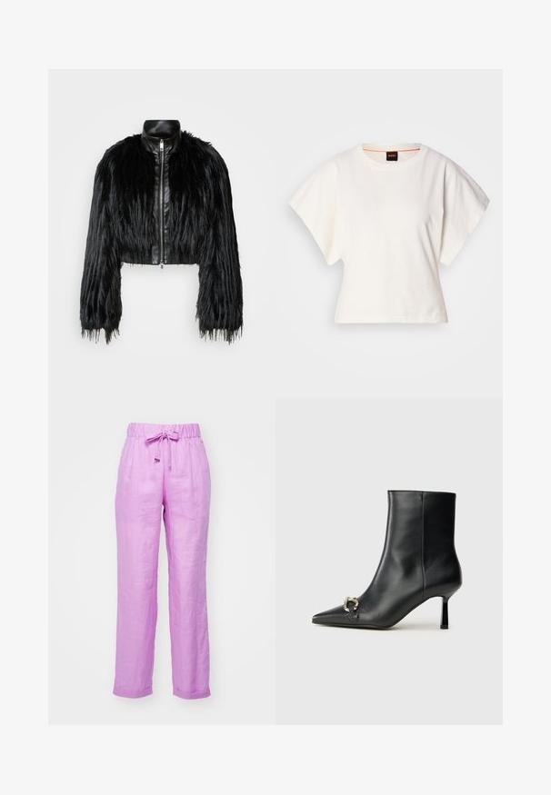 Crna skraćena jakna koja kombinira dugačke rukave od umjetnog krzna s crnim kožnim ovratnikom i prednjim zatvaračem, s teksturiranim, šaggy završetkom.; Bijeli skraćeni T-shirt, široke kratke rukave, mekani pamučni materijal, okrugli izrez s suptilnim narančastim detaljem, minimalistički dizajn, bez uzoraka ili grafika.; Svijetloplave lanene hlače s elastičnim pojasom, podesivom vezicom i manžetama. Glatka tekstura, širok kroj, ležeran dizajn.; Crne kožne gležnjače s nazupčanim prstom, uskim srednje visokim potpeticama i detaljem srebrne kopče sa strane na jedinstvenoj pozadini.