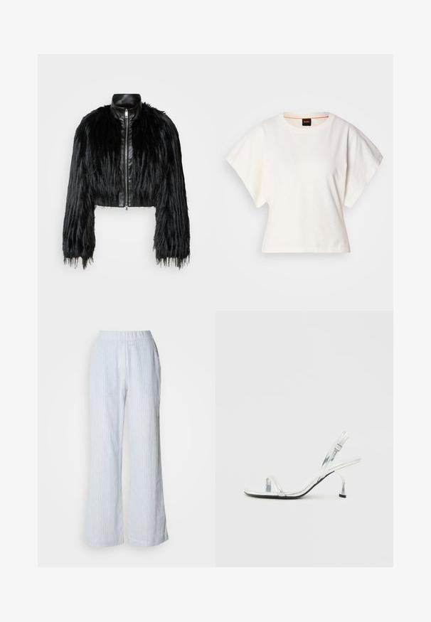 Zwart kort jasje met lange faux fur mouwen en een zwarte leren kraag en ritssluiting aan de voorkant, met een gestructureerde, harige afwerking.; Witte gecropte T-shirt, korte brede mouwen, zachte katoenmaterialen, ronde halslijn met subtiele oranje rand, minimalistisch ontwerp, geen patronen of graphics.; Lichtblauwe wijde broek met verticale witte en rode strepen. Heeft een elastische tailleband en zijzakken. Soepele katoenachtige textuur.; Zilveren gepatineerde leren slingback sandalen met hoge hak, een smalle teband, een verstelbare gesp en een slanke hak.