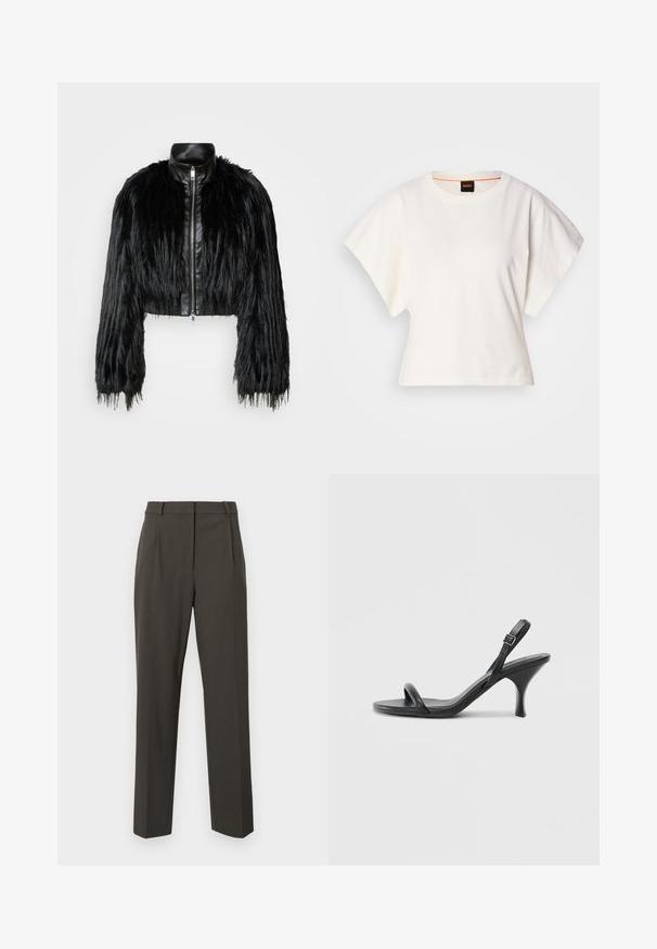 Juodas trumpas švarkas, derinantis ilgas dirbtinio kailio rankoves su juodu odiniu apykakle ir priekiniais užtrauktukais, turintis tekstūruotą, purų paviršių.; Baltas trumpas marškinėliai, plačios trumpomis rankovėmis, minkšta medvilnė, apvali kaklo iškirptė su subtiliu oranžiniu apvadu, minimalus dizainas, be raštų ar grafikų.; Tamsiai pilkos kelnės, pagamintos iš lygaus audinio, su pritaikytu dizainu, tiesiomis kojomis ir minimalistinėmis priekinėmis raukšlėmis.; Juodos odinės aukštakulnės šlepetės su plonu, kreiviu kulnu ir kryžminiu dirželio dizainu. Reguliuojamas kulkšnies dirželis. Lygus paviršius.