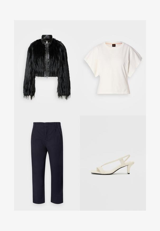 Giacca nera corta che combina maniche lunghe in pelliccia sintetica con un colletto in pelle nera e zip frontale, caratterizzata da una finitura testurizzata e shaggy.; T-shirt bianca cropped, maniche corte e larghe, tessuto di cotone morbido, scollatura rotonda con bordino arancione sottile, design minimale, senza motivi o grafiche.; Pantaloni blu navy in cotone, con design a gamba dritta, pieghe frontali e passanti per cintura in vita.; Sandali con tacco a blocco beige, con sottili cinturini e punta quadrata. Materiale liscio con dettagli minimi, progettati per un facile utilizzo.