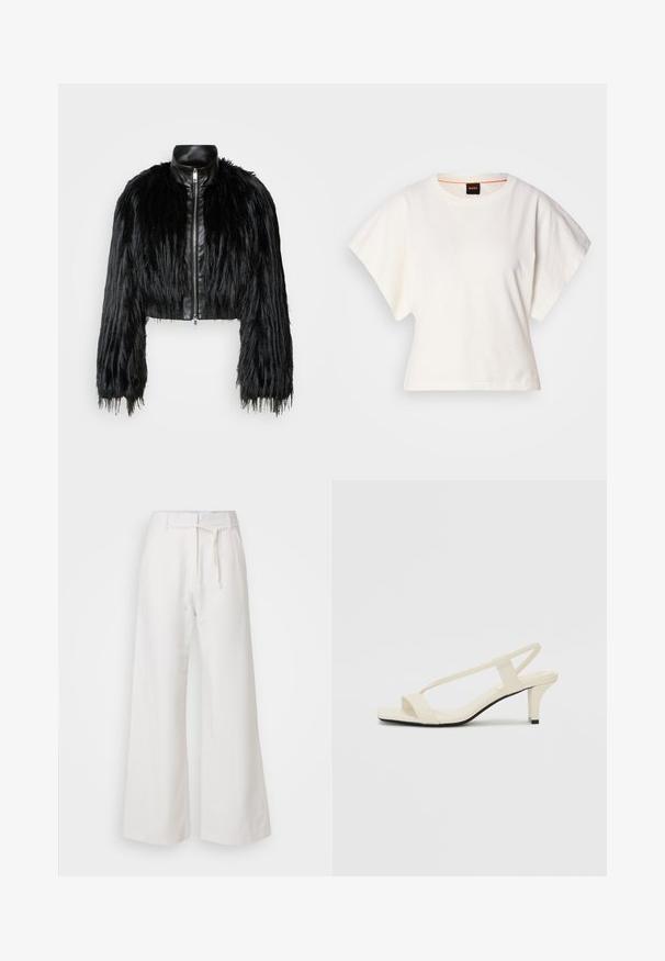 Schwarze, kurz geschnittene Jacke mit langen, gefälschten Pelzärmeln, einem schwarzen Lederkragen und einem Reißverschluss vorne, die eine strukturierte, fusselige Oberfläche hat.; Weißes, kurzes T-Shirt, kurze weite Ärmel, weicher Baumwollstoff, runder Ausschnitt mit subtilen orangefarbenen Akzenten, minimales Design, keine Muster oder Grafiken.; DAY Birger et Mikkelsen TERRI SOLID - Stoffhose - cloud cream; Beige Blockabsatzsandalen mit dünnen Riemen und quadrater Spitze. Glattes Material mit minimalem Design, entworfen für einfaches Tragen.
