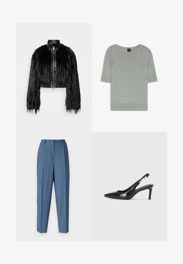 Zwart kort jasje met lange faux fur mouwen en een zwarte leren kraag en ritssluiting aan de voorkant, met een gestructureerde, harige afwerking.; Lichtgrijs kortemouwen trui gemaakt van zacht breimateriaal. Beschikt over een wijde halslijn en een geribde zoom, met een minimalistisch ontwerp.; Bruuns Bazaar CINDYSUS DAGNY - Broek - indian teal; Zwarte leren slingback pump met hoge hakken, een spitse neus, een gladde textuur, en een smalle enkelband met gouden hardware accenten.