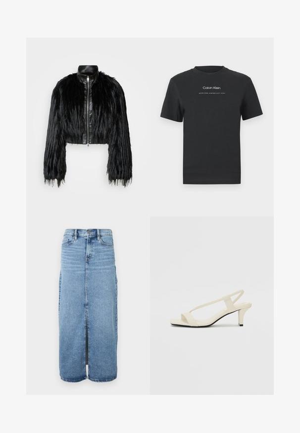 Fekete crop dzseki, amely hosszú műszőrme ujjakkal, fekete bőr gallérral és elöl cipzárral kombinálva, texturált, bolyhos felülettel rendelkezik.; Fekete pamut póló kerek nyakkivágással, rövid ujjakkal, fehér nyomott "Calvin Klein" logóval és "Established 1968" felirattal.; Világoskék farmer maxi szoknya elöl hasítékkal, gombos záródással és öt zsebével. Klasszikus varrású és egyenes szabású.; Beige színű, blokksarkú szandálok vékony pántokkal és négyzet alakú orral. Simább anyag, minimális részletezéssel, amely könnyű viselésre lett tervezve.