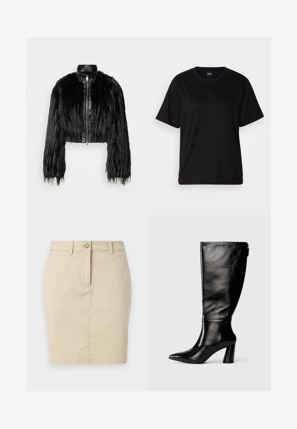 Zwart kort jasje met lange faux fur mouwen en een zwarte leren kraag en ritssluiting aan de voorkant, met een gestructureerde, harige afwerking.; Zwarte katoenen t-shirt met een ronde hals, korte mouwen en een geborduurd logo op de borst. Eenvoudige, comfortabele pasvorm zonder patronen.; Beige katoenen rok met een rechte snit, voorgesloten met knopen en met riemlussen. Gladde textuur en knielange ontwerp. Eenvoudige en klassieke stijl.; Zwart leren laars tot de knie met een puntige neus, gladde textuur en een chunky hak. Bevat een ritsdetail aan de achterkant.