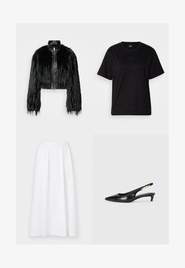 Black cropped jacket combining long faux fur sleeves with a black leather collar and front zipper, featuring a textured, shaggy finish.; Black cotton t-shirt with a crew neckline, short sleeves, and an embroidered logo on the chest. Simple, relaxed fit with no patterns.; White, knee-length skirt with an elastic waistband, featuring a simple design and lightweight fabric, exhibiting a smooth, plain texture.; Black leather slingback heels with a pointed toe, featuring a slim heel and a gold-tone accent on the adjustable strap. Smooth texture.