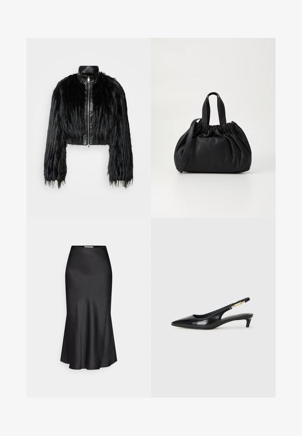 Czarna krótka kurtka z długimi futrzanymi rękawami z sztucznego futra, z czarnym skórzanym kołnierzem i frontowym zamkiem błyskawicznym, charakteryzująca się teksturowanym, kudłatym wykończeniem.; Czarny bawełniany t-shirt z okrągłym dekoltem, krótkimi rękawami i haftowanym logo na piersi. Prosty, luźny krój bez wzorów.; DRYKORN NEVIDA czarny; Czarne skórzane szpilki typu slingback z ostrym noskiem, posiadające smukły obcas i złoty akcent na regulowanym pasku. Gładka tekstura.; Czarna skórzana torebka z zebranym wykończeniem, z dwoma krótkimi uchwytami i długim regulowanym paskiem. Gładka tekstura, zaokrąglony kształt.