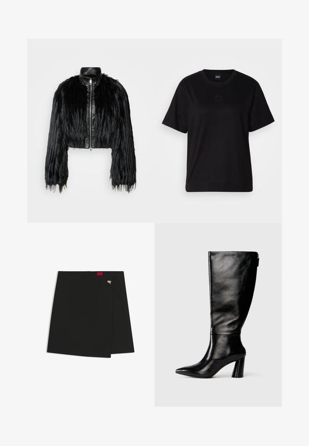 Zwart kort jasje met lange faux fur mouwen en een zwarte leren kraag en ritssluiting aan de voorkant, met een gestructureerde, harige afwerking.; Zwarte katoenen t-shirt met een ronde hals, korte mouwen en een geborduurd logo op de borst. Eenvoudige, comfortabele pasvorm zonder patronen.; Zwarte wikkelrok met een gladde structuur, voorzien van een rode logo-tag en een zilveren hardware accent. Eenvoudig ontwerp met een strakke snit.; Zwart leren laars tot de knie met een puntige neus, gladde textuur en een chunky hak. Bevat een ritsdetail aan de achterkant.