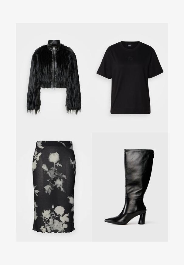 Zwart kort jasje met lange faux fur mouwen en een zwarte leren kraag en ritssluiting aan de voorkant, met een gestructureerde, harige afwerking.; Zwarte katoenen t-shirt met een ronde hals, korte mouwen en een geborduurd logo op de borst. Eenvoudige, comfortabele pasvorm zonder patronen.; Zwarte geribbelde rok met een witte bloemenprint, met een getailleerd ontwerp en een gegolfde zoom. Het materiaal lijkt rekbaar en lichtgewicht te zijn.; Zwart leren laars tot de knie met een puntige neus, gladde textuur en een chunky hak. Bevat een ritsdetail aan de achterkant.
