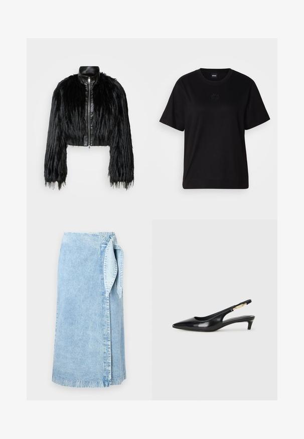 Čierna skrátená bunda kombinujúca dlhé rukávy z umelého kožušiny s čiernym koženým golierom a predným zipsom, so štruktúrovaným, strapcovitým povrchom.; Čierne bavlnené tričko s okrúhlym výstrihom, krátkymi rukávmi a vyšívaným logom na hrudi. Jednoduchý, voľný strih bez vzorov.; Svetlomodrá džínsová zavinovacia sukňa s viazaním na boku, rovného strihu a jemným prevdletením po celej látke.; Čierne kožené slingback opätky s špicatou špičkou, s úzkym opätkom a zlatým detailom na nastaviteľnom remienku. Hladká textúra.