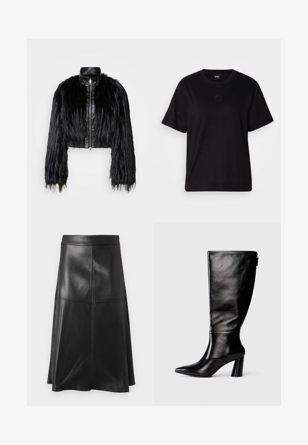 Sort cropped jakke med lange faux fur ærmer, en sort læderkrave og lynlås foran, med en tekstureret, shaggy finish.; Sort bomulds t-shirt med rund halsudskæring, korte ærmer og et broderet logo på brystet. Enkel, afslappet pasform uden mønstre.; Sort læder A-line nederdel med en glat tekstur, der har lodrette sømdetaljer og en talje. Kanten falder lige under knæet.; Knee-high sorte læderstøvle med spids tå, glat tekstur og en kraftig hæl. Har en lynlåsdetaile bagpå.