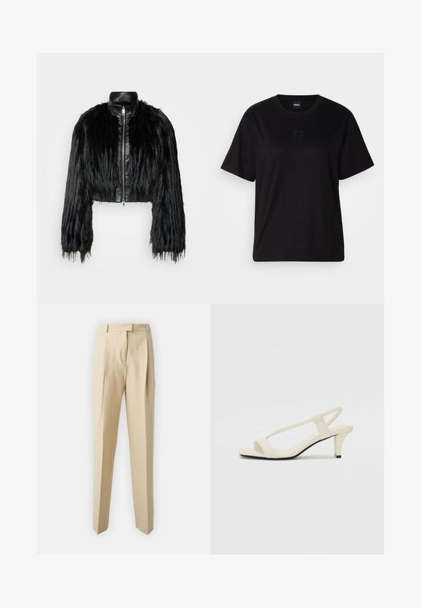 Črn skrajšan jopič, ki združuje dolge rokave iz umetnega krzna s črnim usnjenim ovratnikom in sprednjim zadrgo, z dokaj teksturiranim, kosmatim zaključkom.; Črna bombažna majica s krožnim izrezom, kratkimi rokavi in izvezenim logotipom na prsih. Preprosta, sproščena silhueta brez vzorcev.; Bež hlače s krojem ravne nogavice, ki imajo zadrgo, pas ter gladko teksturo. Brez vidnih žepov ali okrasnih elementov.; Bež sandale z blok peto, tankimi trakovi in kvadratnim prstom. Gladek material z minimalnim okrasjem, zasnovan za enostavno nošenje.