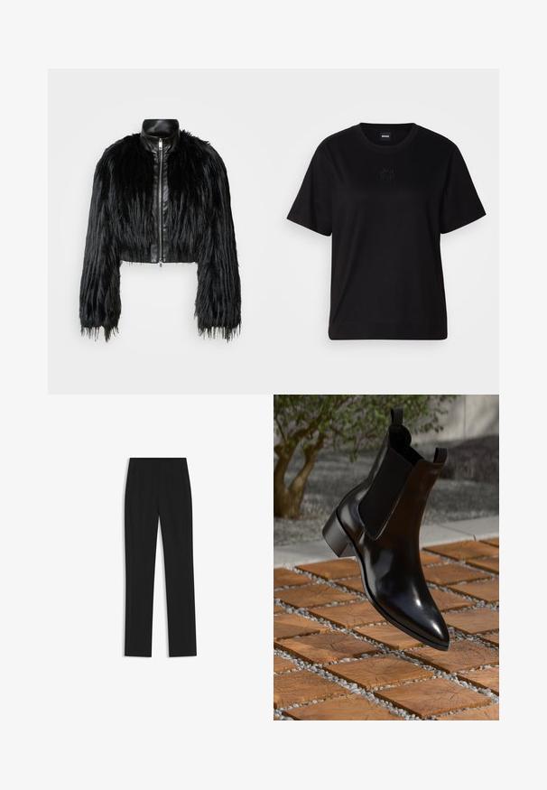 Svart kort jacka som kombinerar långa sockerfuskärmar med en svart läderkrage och dragkedja fram, med en texturerad, shaggy finish.; Svart bomullströja med rund halsringning, korta ärmar och en broderad logotyp på bröstet. Enkel, avslappnad passform utan mönster.; Svarta skräddarsydda byxor med rak bendesign, som har framfickor och ett slätt, strukturerat tyg. Prydlig, minimal detaljer.; Svart läder Chelsea-stövlar med spetsig tå, elastiska sidopaneler och en kraftig klack, vilande ovanpå en yta med mönster av sten och trä.