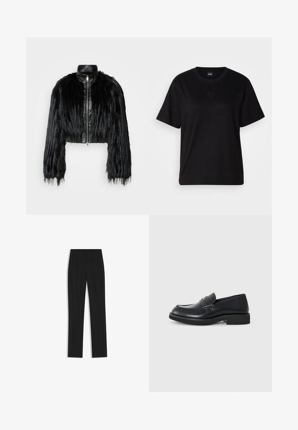 Black cropped jacket combining long faux fur sleeves with a black leather collar and front zipper, featuring a textured, shaggy finish.; Black cotton t-shirt with a crew neckline, short sleeves, and an embroidered logo on the chest. Simple, relaxed fit with no patterns.; Black tailored trousers with a straight-leg design, featuring front pockets and a smooth, textured fabric. Neat, minimal detailing.; Black leather loafer with a rounded toe, stitched detailing, and a flat rubber sole. Features a decorative strap across the vamp.