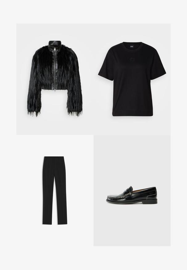 Czarna krótka kurtka z długimi futrzanymi rękawami z sztucznego futra, z czarnym skórzanym kołnierzem i frontowym zamkiem błyskawicznym, charakteryzująca się teksturowanym, kudłatym wykończeniem.; Czarny bawełniany t-shirt z okrągłym dekoltem, krótkimi rękawami i haftowanym logo na piersi. Prosty, luźny krój bez wzorów.; Czarne spodnie o dopasowanym kroju z prostymi nogawkami, z przednimi kieszeniami i gładką, teksturowaną tkaniną. Schludne, minimalistyczne wykończenie.; Czarne skórzane mokasyny z haftowanym wzorem, gładkim wykończeniem, niskim blokowym obcasem i srebrnymi akcentami. Klasyczny, zaokrąglony kształt noska.