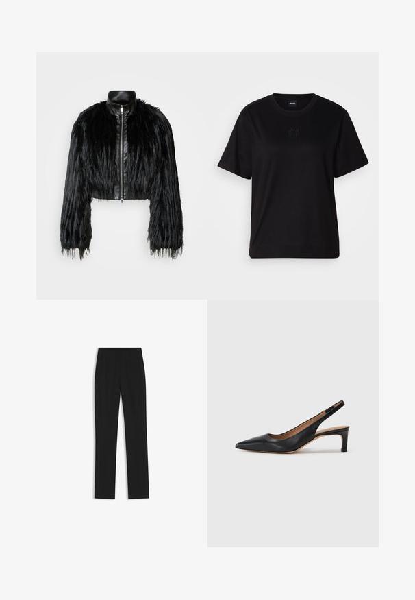Mustan lyhyen takin yhdistelmä, jossa on pitkät tekoturkishihat, musta nahkakaulus ja etuvetoketju. Takissa on teksturoitu, karhea pinta.; Musta puuvillapaita, jossa on pyöreä kaula-aukko, lyhyet hihat ja brodeerattu logo rinnassa. Yksinkertainen, rento istuvuus ilman kuvioita.; Mustat räätälöidyt housut suoran lahkeen designilla, joissa on etutaskut ja sileä, teksturoitu kangas. Siistit, minimalistiset yksityiskohdat.; Mustat nahkaiset slingback-korkokengät, joissa on terävä kärki, matala korko ja sileä pinta. Varustettu ohuella säädettävällä hihnalla turvallisen istuvuuden takaamiseksi.