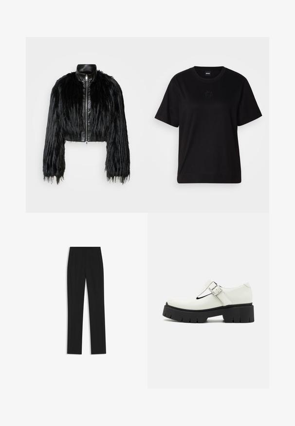 Schwarze, kurz geschnittene Jacke mit langen, gefälschten Pelzärmeln, einem schwarzen Lederkragen und einem Reißverschluss vorne, die eine strukturierte, fusselige Oberfläche hat.; Schwarzes Baumwoll-T-Shirt mit Rundhalsausschnitt, kurzen Ärmeln und aufgesticktem Logo auf der Brust. Einfacher, lässiger Schnitt ohne Muster.; Schwarze maßgeschneiderte Hose mit geradem Bein, ausgestattet mit Fronttaschen und einem glatten, strukturierten Stoff. Saubere, minimale Details.; Weißes Lackleder-Schuhwerk mit T-Bar-Design, silberner Schnalle, dickem schwarzem Gummisohle und strukturierten Akzenten an Ferse und Sohle.
