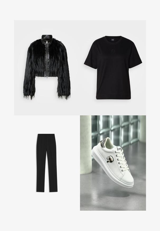 Czarna krótka kurtka z długimi futrzanymi rękawami z sztucznego futra, z czarnym skórzanym kołnierzem i frontowym zamkiem błyskawicznym, charakteryzująca się teksturowanym, kudłatym wykończeniem.; Czarny bawełniany t-shirt z okrągłym dekoltem, krótkimi rękawami i haftowanym logo na piersi. Prosty, luźny krój bez wzorów.; Czarne spodnie o dopasowanym kroju z prostymi nogawkami, z przednimi kieszeniami i gładką, teksturowaną tkaniną. Schludne, minimalistyczne wykończenie.; Białe sneakersy Karl Lagerfeld z sznurowanym przodem, czarną i beżową naszywką z logo oraz metaliczną srebrną pętelką na pięcie, unoszące się nad szarym podłożem.