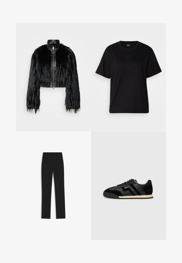 Mustan lyhyen takin yhdistelmä, jossa on pitkät tekoturkishihat, musta nahkakaulus ja etuvetoketju. Takissa on teksturoitu, karhea pinta.; Musta puuvillapaita, jossa on pyöreä kaula-aukko, lyhyet hihat ja brodeerattu logo rinnassa. Yksinkertainen, rento istuvuus ilman kuvioita.; Mustat räätälöidyt housut suoran lahkeen designilla, joissa on etutaskut ja sileä, teksturoitu kangas. Siistit, minimalistiset yksityiskohdat.; GANT BEYLANA - Matalavartiset tennarit - black