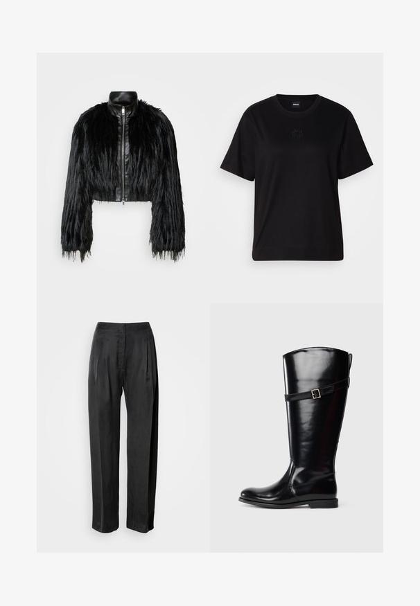 Melnā īsā jaka ar garām mākslīgā kažoka piedurknēm, melnu ādas apkakli un priekšējo rāvējslēdzēju, ar teksturētu, pūkainu apdari.; Melna kokvilnas T-krekls ar apaļu izgriezumu, īsām piedurknēm un izšūtu logotipu uz krūtīm. Vienkāršs, brīvs piegriezums bez rakstiem.; Melnas platu kāju bikses no gludas auduma, ar priekšējām kroku locījumiem, rāvējslēdzēja aizdari un klasisku jostasvietas dizainu.; Garšs melns ādas zābaks ar zemu papēdi un dekoratīvu jostu ar sudraba sprādzi ap augšstilbu.
