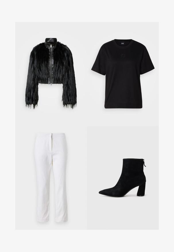 Černá zkrácená bunda kombinující dlouhé rukávy z umělé kožešiny s černým koženým límcem a předním zipem, s texturovaným, chlupatým povrchem.; Černé bavlněné tričko s kulatým výstřihem, krátkými rukávy a vyšitým logem na hrudi. Jednoduchý, volný střih bez vzorů.; Bílé bavlněné kalhoty s rovnou nohavicou, s středně vysokým pasem a bez viditelných kovových prvků nebo vzorů. Hladká textura po celém povrchu.; Černá nubuková kotníková bota s špičatou špičkou, zipovým uzávěrem na zadní straně a masivním vysokým podpatkem. Hladká textura a minimalistický design.