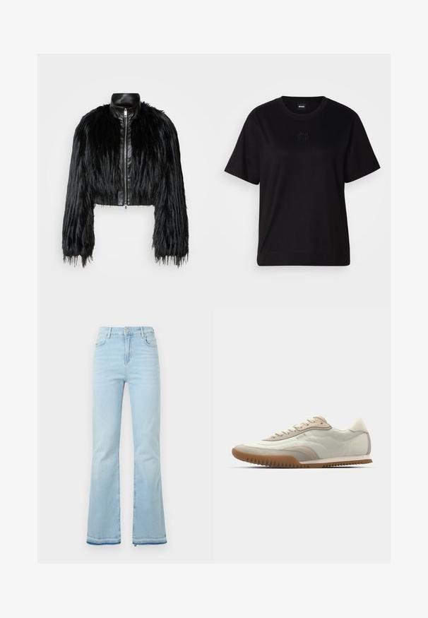 Sort cropped jakke med lange faux fur ærmer, en sort læderkrave og lynlås foran, med en tekstureret, shaggy finish.; Sort bomulds t-shirt med rund halsudskæring, korte ærmer og et broderet logo på brystet. Enkel, afslappet pasform uden mønstre.; Lyseblå flagrende jeans lavet af denim, med høj talje, forlommer og rå kant ved sømmene for et afslappet look.; Hvide og beige sneakers med en glat overdel og suede detaljer, en tekstureret sål og tonet syninger. Snørelukning med logo detalje.