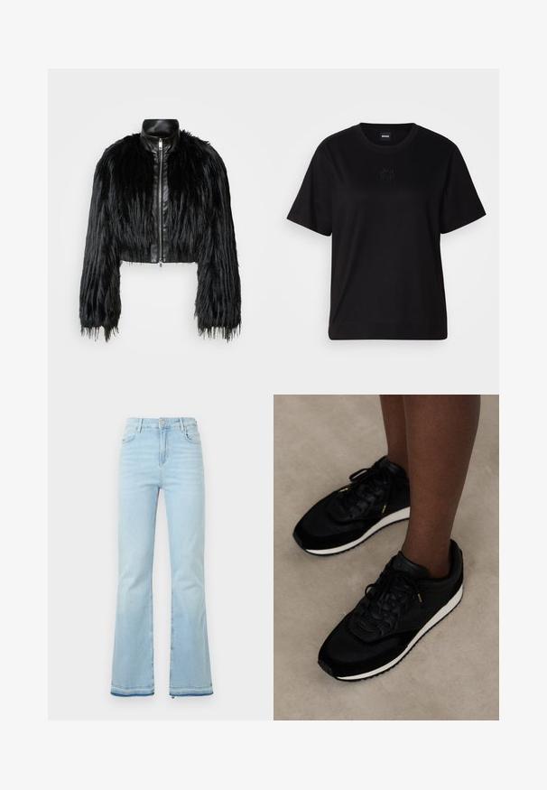 Must ikka, millel on pikad kunstkarvast varrukad, musta nahkdetailiga kaeluse ja ees oleva tõmblukuga, koos struktuurse, karvase viimistlusega.; Mustmust särk, millel on ümar kaelus, lühikesed varrukad ja tindiga tikitud logo rinnal. Lihtne, mugav lõige ilma mustriteta.; Heledad helesinised teksad, mis on valmistatud denimist, kõrge vöökohaga, esikottidega ning toore äärtega sääreosas, et luua lõdvestunud välimus.; Mustavad spordijalatsid, millel on siledate ja tekstuursete materjalide segu, ümmargused paelad, valge sisetald ja diskreetsed brändingu aktsendid.