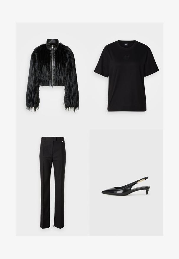 Black cropped jacket combining long faux fur sleeves with a black leather collar and front zipper, featuring a textured, shaggy finish.; Black cotton t-shirt with a crew neckline, short sleeves, and an embroidered logo on the chest. Simple, relaxed fit with no patterns.; Black tailored trousers with a straight leg design, featuring a waistband with a button closure and side slits at the hem.; Black leather slingback heels with a pointed toe, featuring a slim heel and a gold-tone accent on the adjustable strap. Smooth texture.