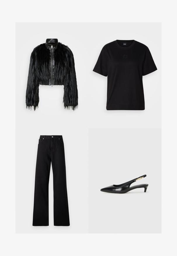 Chaqueta negra corta que combina mangas largas de piel sintética con un collar de cuero negro y cremallera frontal, con un acabado texturizado y despeinado.; Camiseta de algodón negra con cuello redondo, mangas cortas y un logo bordado en el pecho. Ajuste simple y relajado sin patrones.; Jeans de pierna ancha negros fabricados en denim con diseño de cinco bolsillos, cierre frontal con botón y detalles de costura sutiles.; Tacones negros de piel sintética tipo slingback con punta afilada, que cuentan con un tacón delgado y un detalle en tono dorado en la correa ajustable. Textura suave.
