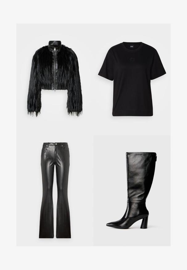 Jacket cropped preta que combina mangas longas de pelo sintético com um colarinho de pele sintética preto e fecho de correr frontal, apresentando um acabamento texturizado e desgrenhado.; T-shirt de algodão preto com decote redondo, mangas curtas e um logótipo bordado no peito. Corte simples e descontraído, sem padrões.; Calças justas pretas em pele, com textura suave, cinco bolsos, fecho de botão frontal e silhueta ajustada nas coxas.; Bota de couro preta até o joelho com bico fino, textura lisa e salto robusto. Possui um fecho de zíper na parte traseira.