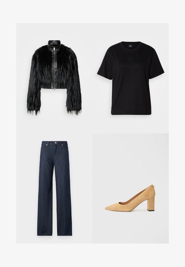 Fekete crop dzseki, amely hosszú műszőrme ujjakkal, fekete bőr gallérral és elöl cipzárral kombinálva, texturált, bolyhos felülettel rendelkezik.; Fekete pamut póló kerek nyakkivágással, rövid ujjakkal és hímzett logóval a mellkasán. Egyszerű, laza szabás, minta nélkül.; Sötét farmer anyagú, bő szárú nadrágok magas derékkal, övhurkokkal és klasszikus öt zsebes dizájnnal rendelkeznek. Simára kidolgozott textúra, enyhe kopással.; Beige velúr magassarkú cipő, hegyes orral és tömzsi sarokkal. Az anyag puha tapintású, sima felületű.