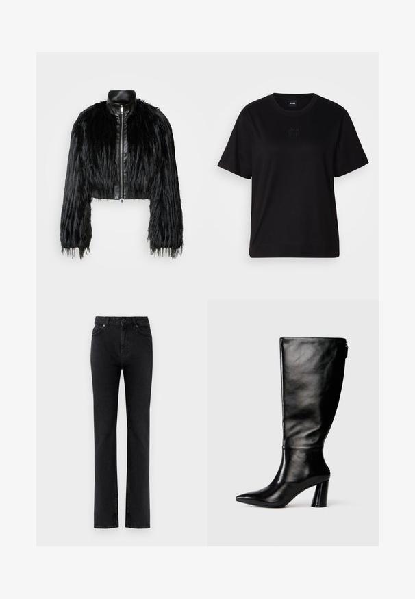 Giacca nera corta che combina maniche lunghe in pelliccia sintetica con un colletto in pelle nera e zip frontale, caratterizzata da una finitura testurizzata e shaggy.; Maglietta in cotone nera con scollatura tonda, maniche corte e logo ricamato sul petto. Design semplice e vestibilità rilassata senza motivi.; Jeans neri a vita alta, con gamba dritta, tasche frontali, passanti per cintura, chiusura a bottone e zip, su sfondo bianco.; Stivale in pelle nera, alto fino al ginocchio, con punta affusolata, superficie liscia e tacco spesso. Presenta un dettaglio con zip sul retro.