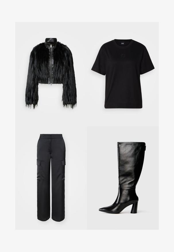 Černá zkrácená bunda kombinující dlouhé rukávy z umělé kožešiny s černým koženým límcem a předním zipem, s texturovaným, chlupatým povrchem.; Černé bavlněné tričko s kulatým výstřihem, krátkými rukávy a vyšitým logem na hrudi. Jednoduchý, volný střih bez vzorů.; Černé široké cargo kalhoty vyrobené z hladkého materiálu, s dvěma bočními kapsami a vysokým pasem.; Černá kožená vysoká boot do půli lýtek s špičatou špičkou, hladkou texturou a masivním podpatkem. Obsahuje zip na zadní straně.