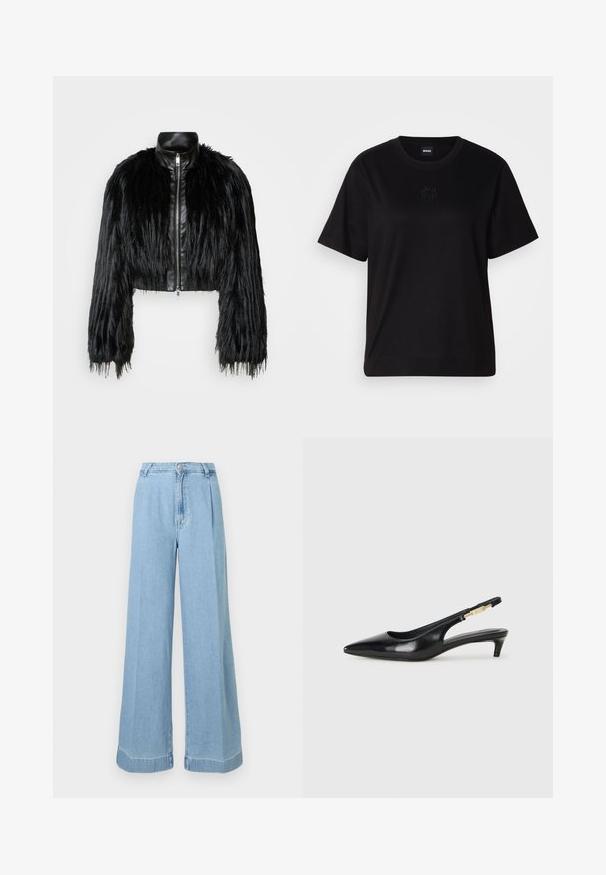 Jacket cropped preta que combina mangas longas de pelo sintético com um colarinho de pele sintética preto e fecho de correr frontal, apresentando um acabamento texturizado e desgrenhado.; T-shirt de algodão preto com decote redondo, mangas curtas e um logótipo bordado no peito. Corte simples e descontraído, sem padrões.; Jeans de ganga largos em azul claro, com um gancho alto, pregas na parte da frente e um acabamento desfiado para um look casual.; Saltos slingback em couro preto com bico fino, apresentando um salto esguio e um detalhe em tom dourado na alça ajustável. Textura suave.