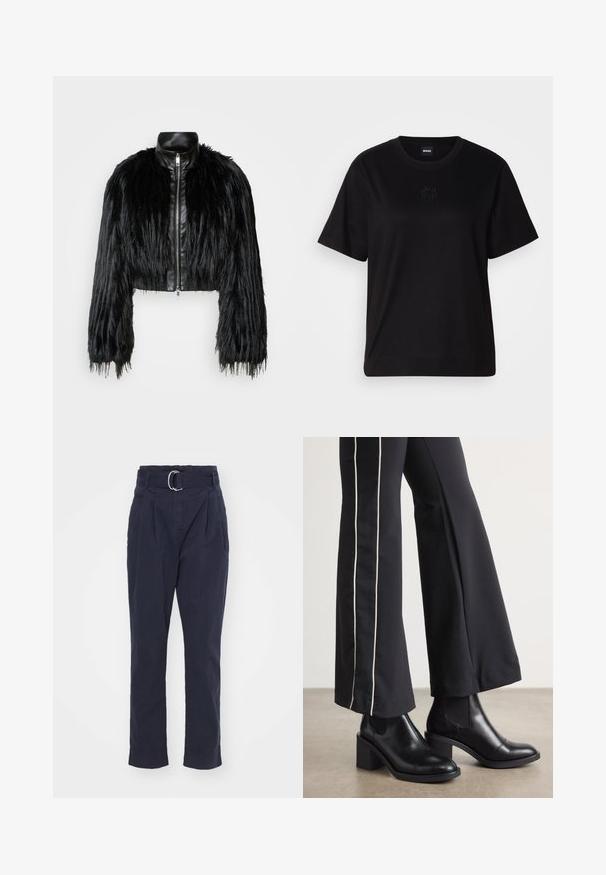 Jacket cropped preta que combina mangas longas de pelo sintético com um colarinho de pele sintética preto e fecho de correr frontal, apresentando um acabamento texturizado e desgrenhado.; T-shirt de algodão preto com decote redondo, mangas curtas e um logótipo bordado no peito. Corte simples e descontraído, sem padrões.; Calças azul marinho com cinto e fivela prateada, apresentando uma cintura alta, pregas e pernas ajustadas com bainhas viradas. Textura de tecido de algodão.; Botas de tornozelo em couro preto com um salto bloco, apresentando painéis laterais elásticos. Combinadas com calças pretas que têm uma faixa lateral branca.
