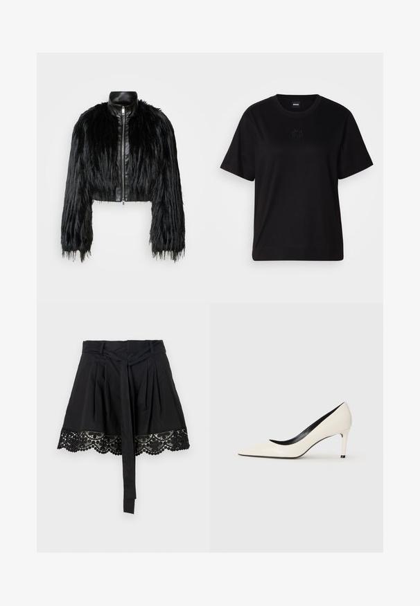 Zwart kort jasje met lange faux fur mouwen en een zwarte leren kraag en ritssluiting aan de voorkant, met een gestructureerde, harige afwerking.; Zwarte katoenen t-shirt met een ronde hals, korte mouwen en een geborduurd logo op de borst. Eenvoudige, comfortabele pasvorm zonder patronen.; Zwarte rok met een gestructureerde kantzoom met golvende randen en pompondetails. Het ontwerp bevat een strikaccent bij de taille.; Witte gepatineerde leren hoge hakken met een puntige neus, slanke hak en zwarte interieurafwerking. Gladde textuur en stijlvolle uitstraling.