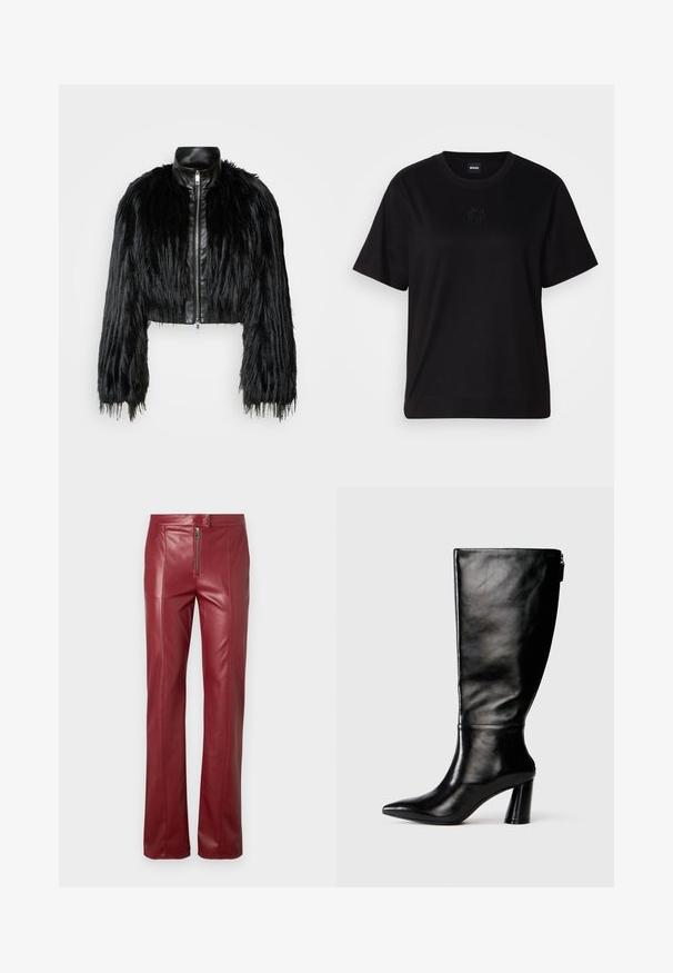 Giacca nera corta che combina maniche lunghe in pelliccia sintetica con un colletto in pelle nera e zip frontale, caratterizzata da una finitura testurizzata e shaggy.; Maglietta in cotone nera con scollatura tonda, maniche corte e logo ricamato sul petto. Design semplice e vestibilità rilassata senza motivi.; Pantaloni in pelle rossa con vestibilità slim, dotati di chiusura frontale con zip e texture liscia. Il design include dettagli di cucitura sottili lungo le gambe.; Stivale in pelle nera, alto fino al ginocchio, con punta affusolata, superficie liscia e tacco spesso. Presenta un dettaglio con zip sul retro.