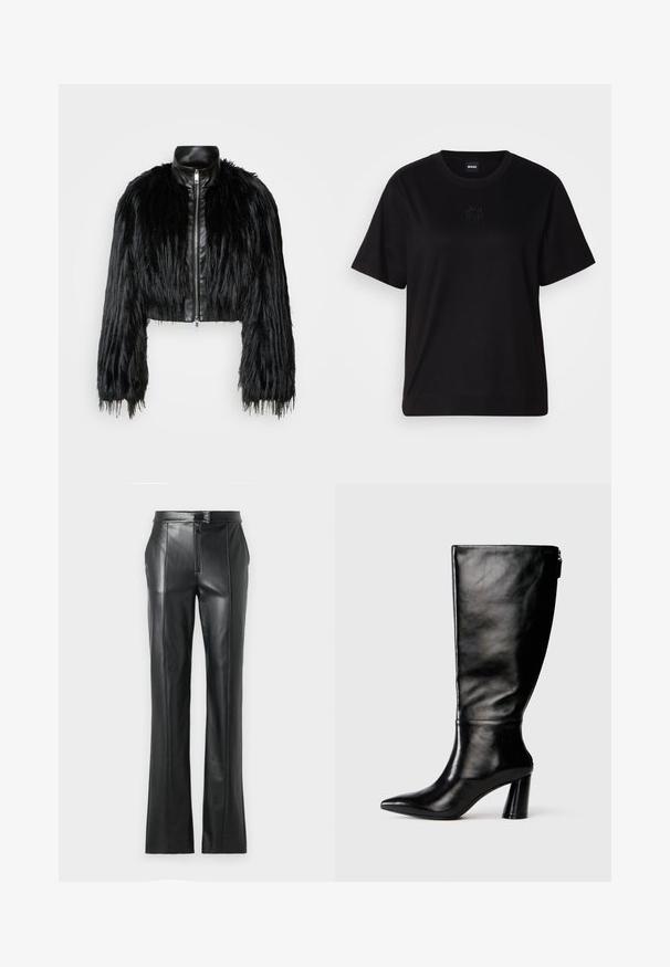Black cropped jacket combining long faux fur sleeves with a black leather collar and front zipper, featuring a textured, shaggy finish.; Black cotton t-shirt with a crew neckline, short sleeves, and an embroidered logo on the chest. Simple, relaxed fit with no patterns.; Black leather pants with a straight fit, high waistband, zip closure, and visible stitching details along the seams. Smooth texture.; Knee-high black leather boot with a pointed toe, smooth texture, and a chunky heel. Features a zipper detail at the back.