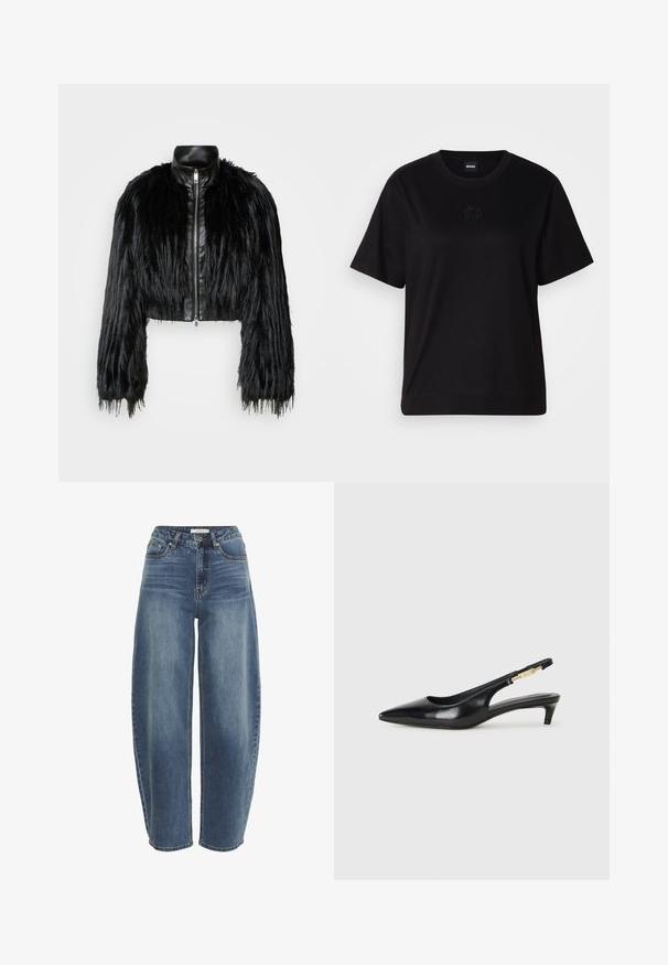 Juodas trumpas švarkas, derinantis ilgas dirbtinio kailio rankoves su juodu odiniu apykakle ir priekiniais užtrauktukais, turintis tekstūruotą, purų paviršių.; Juodas medvilninis marškinėliai su apvalia iškirpte, trumpomis rankovėmis ir siuvinėjimu ant krūtinės. Paprastas, laisvas siluetas be raštų.; Aukštai supjaustyti, laisvo kirpimo mėlyni džinsai, pagaminti iš džinsinio audinio, su sagčių uždarymu, penkiomis kišenėmis ir subtiliu audinio nusidėvėjimu.; Juodas odinis pavasario batelių modelis su smailiu nosiu, turintis siaurą kulniuką ir auksinės spalvos akcentu reguliuojamoje juostoje. Lygi tekstūra.