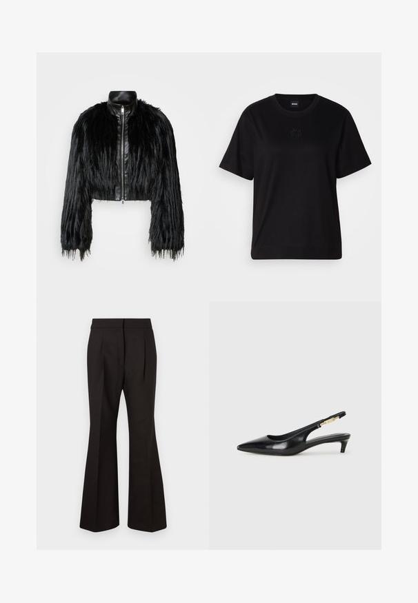 Jacket cropped preta que combina mangas longas de pelo sintético com um colarinho de pele sintética preto e fecho de correr frontal, apresentando um acabamento texturizado e desgrenhado.; T-shirt de algodão preto com decote redondo, mangas curtas e um logótipo bordado no peito. Corte simples e descontraído, sem padrões.; Calças pretas em corte flare com uma textura suave, apresentam uma cintura alta, bolsos laterais e pregas frontais para um detalhe de design adicional.; Saltos slingback em couro preto com bico fino, apresentando um salto esguio e um detalhe em tom dourado na alça ajustável. Textura suave.