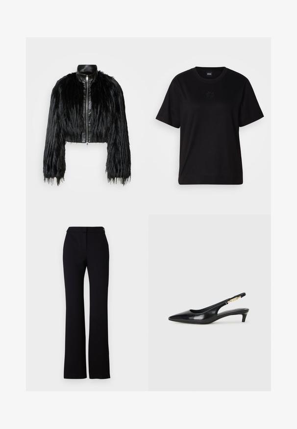 Čierna skrátená bunda kombinujúca dlhé rukávy z umelého kožušiny s čiernym koženým golierom a predným zipsom, so štruktúrovaným, strapcovitým povrchom.; Čierne bavlnené tričko s okrúhlym výstrihom, krátkymi rukávmi a vyšívaným logom na hrudi. Jednoduchý, voľný strih bez vzorov.; Čierne nohavice so strihom do rovna, hladkým povrchom a pásom s jedným gombíkom na zapínanie. Žiadne viditeľné vzory ani akcenty.; Čierne kožené slingback opätky s špicatou špičkou, s úzkym opätkom a zlatým detailom na nastaviteľnom remienku. Hladká textúra.