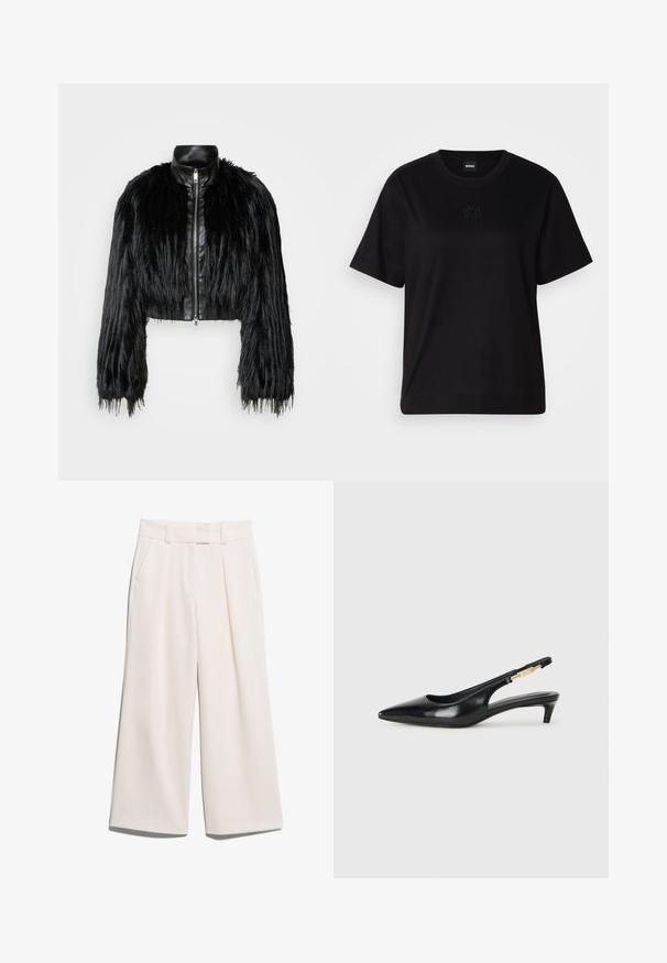 Black cropped jacket combining long faux fur sleeves with a black leather collar and front zipper, featuring a textured, shaggy finish.; Black cotton t-shirt with a crew neckline, short sleeves, and an embroidered logo on the chest. Simple, relaxed fit with no patterns.; Wide-leg trousers in a light cream color, made of smooth fabric with two front pockets and visible stitching on the waistband.; Black leather slingback heels with a pointed toe, featuring a slim heel and a gold-tone accent on the adjustable strap. Smooth texture.