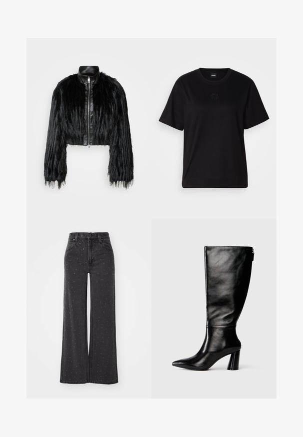 Must ikka, millel on pikad kunstkarvast varrukad, musta nahkdetailiga kaeluse ja ees oleva tõmblukuga, koos struktuurse, karvase viimistlusega.; Mustmust särk, millel on ümar kaelus, lühikesed varrukad ja tindiga tikitud logo rinnal. Lihtne, mugav lõige ilma mustriteta.; Kõrgema vöökohaga mustad teksased, laia lõikega, millel on väikesed tikitud täpid, viis taskut ja metallist nööp sulgemiseks. Valmistatud teksariidest.; Knee-high musta nahksaabas terava nina, siledat pinnad ja paks konts. Tagaküljel on tõmblukk.