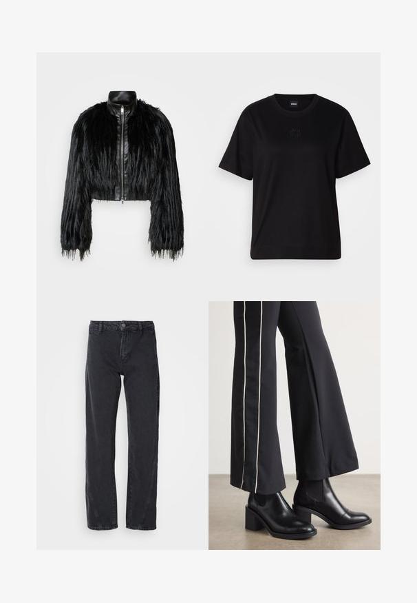 Jachetă scurtă neagră, care combină mânecile lungi din blană sintetică cu un guler din piele neagră și fermoar frontal, având o finisare texturată, zbârcită.; T-shirt negru din bumbac, cu guler rotund, mâneci scurte și un logo brodat pe piept. Design simplu, cu o croială relaxată și fără modele.; Jeans negri din denim cu un design cu picior drept, având talie medie, închidere cu nasture și cusături de accent pe lateral.; Bocanci de piele negri până la gleznă, cu toc pătrat, având panouri elastice pe laterale. Asortați cu pantaloni negri care au o dungi albă pe lateral.