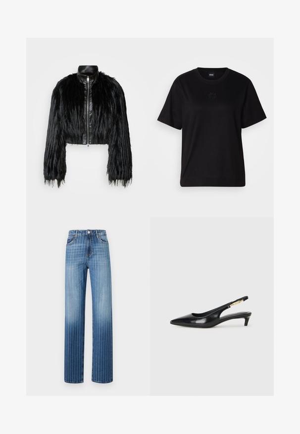 Giacca nera corta che combina maniche lunghe in pelliccia sintetica con un colletto in pelle nera e zip frontale, caratterizzata da una finitura testurizzata e shaggy.; Maglietta in cotone nera con scollatura tonda, maniche corte e logo ricamato sul petto. Design semplice e vestibilità rilassata senza motivi.; Jeans in denim blu chiaro con righe bianche verticali, design a gamba dritta, cinque tasche e chiusura a bottone in vita.; Tacchi slingback in pelle nera con punta affusolata, caratterizzati da un tacco alto e un accento dorato sulla cinghia regolabile. Texture liscia.