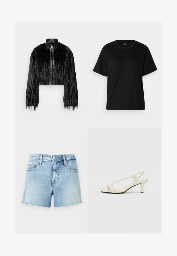 Melnā īsā jaka ar garām mākslīgā kažoka piedurknēm, melnu ādas apkakli un priekšējo rāvējslēdzēju, ar teksturētu, pūkainu apdari.; Melna kokvilnas T-krekls ar apaļu izgriezumu, īsām piedurknēm un izšūtu logotipu uz krūtīm. Vienkāršs, brīvs piegriezums bez rakstiem.; Gaiši zili džinsu šorti ar pieguļošu vidukli, piecu kabatu dizainu un pogu aizdari. Nodiluša tekstūra ar tīru, klasisku griezumu.; Beige bloku papēžu sandales ar plānām siksnām un kvadrāta formas purngalu. Gluda materiāla virsma ar minimālām detaļām, paredzētas ērtai nēsāšanai.