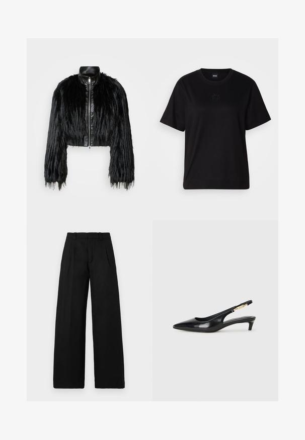 Svart kort jacka som kombinerar långa sockerfuskärmar med en svart läderkrage och dragkedja fram, med en texturerad, shaggy finish.; Svart bomullströja med rund halsringning, korta ärmar och en broderad logotyp på bröstet. Enkel, avslappnad passform utan mönster.; Svarta vida byxor i ett slätt, vävt tyg. Har en rak front med två veck och bälteshällor. Enkelt, rent design.; Svart läder slingback-hälar med spetsig tå, med en smal klack och en guldtonad detalj på den justerbara remmen. Slät textur.